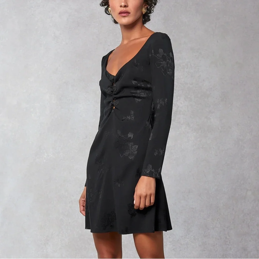 ROUJE PARIS Nancia Floral Jacquard Silk Satin Black Mini Dress Frog Knot Detail - Picture 4 of 16